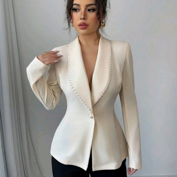 Jackets & Blazers - Women Elegant Commuting Pearl Embellished Lapel Long Sleeve Blazer